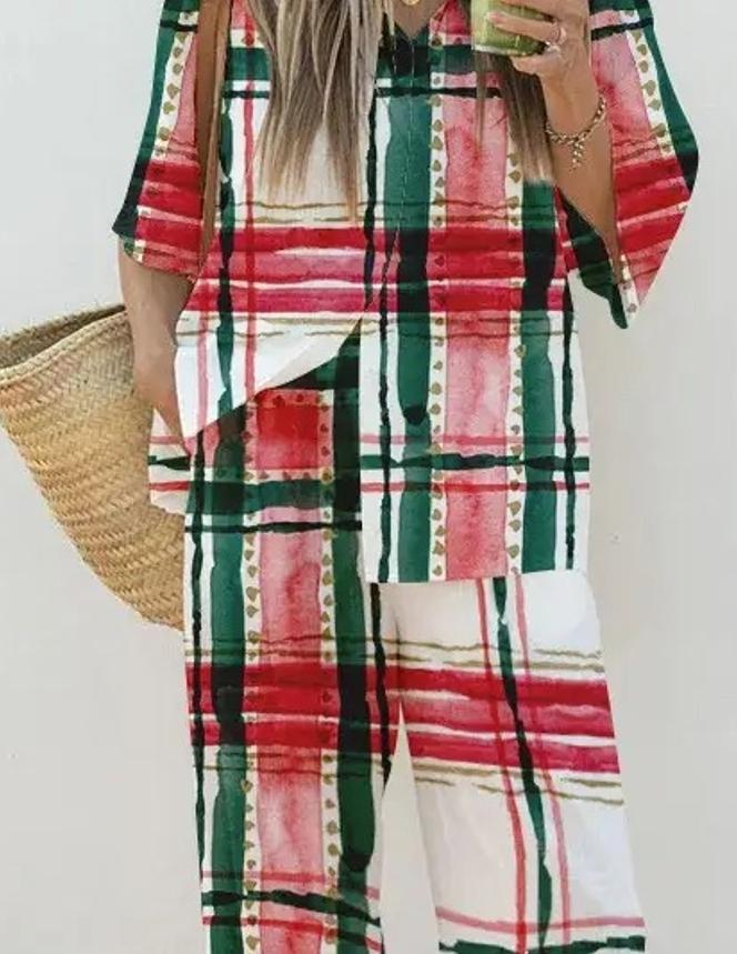 Christmas contrasting plaid print two-piece set