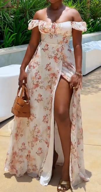 Square neck floral slit dress