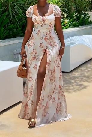 Square neck floral slit dress