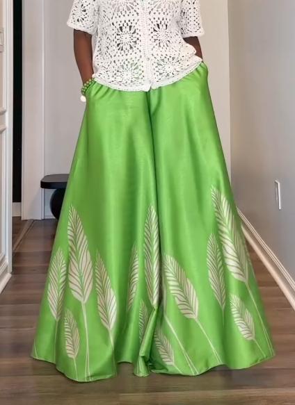 Green leaves fashion loose wide-leg mop pants