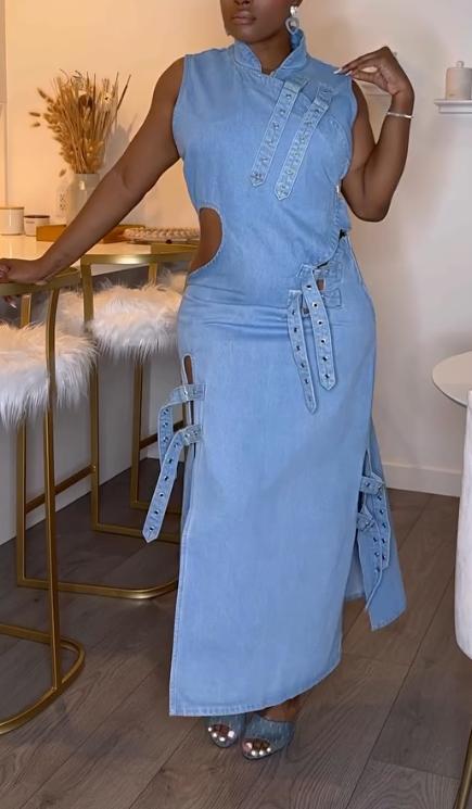 Light blue thin denim sleeveless design dress