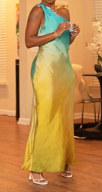 Mint blue-yellow gradient one-shoulder dress