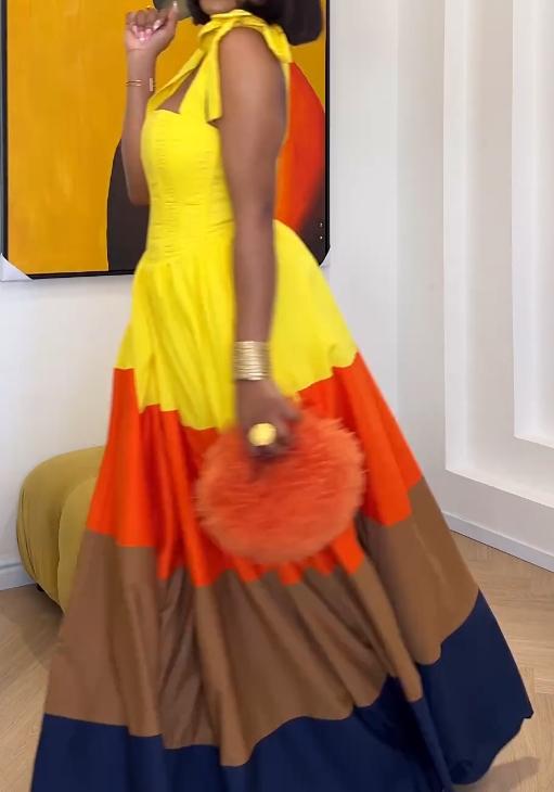 Yellow-orange color matching bow sling dress